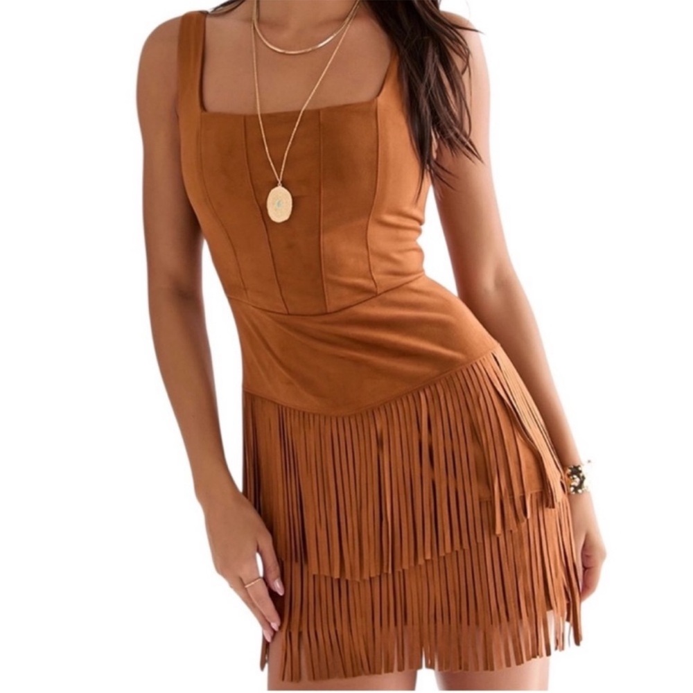 Sleeveless Fringe Mini Dress in Cognac Tan